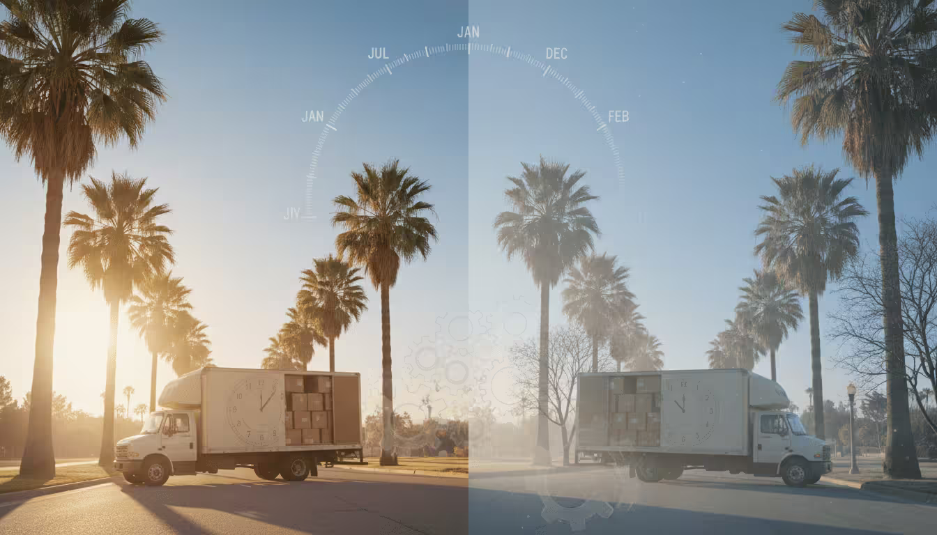 First-time mover arriving in Los Angeles with moving boxes and a view of the city skyline