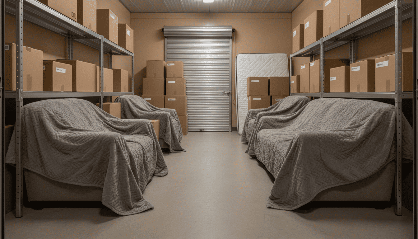 Climate-controlled storage units with neatly organized furniture and moving boxes during a Los Angeles relocation