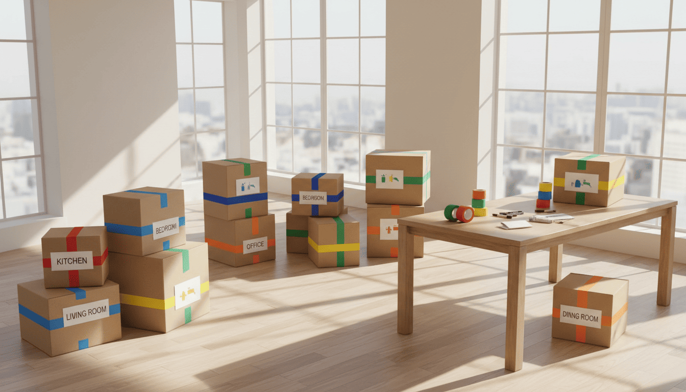 Color-coded moving boxes with colored tape organized by room for efficient unpacking