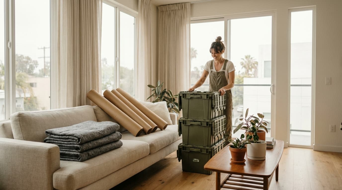 Reusable moving bins and eco-friendly packing materials stacked neatly in a Los Angeles home ready for a zero-waste move