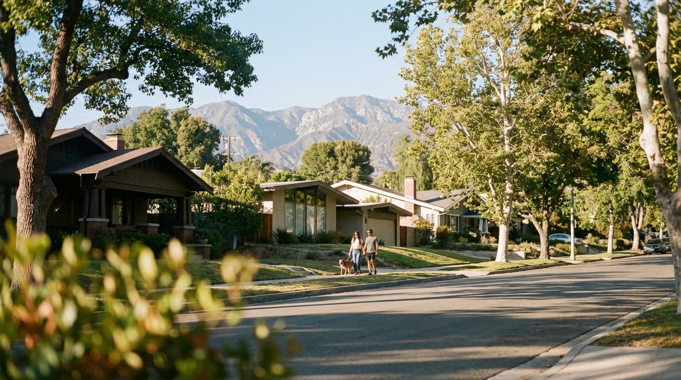 Tree-lined residential street in Glendale California with hillside homes and the Verdugo Mountains in the background