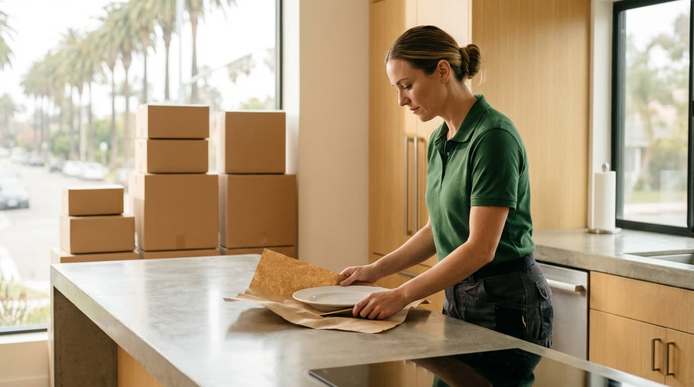 Professional packer wrapping dishes in kraft paper at a Los Angeles kitchen counter with labeled moving boxes nearby