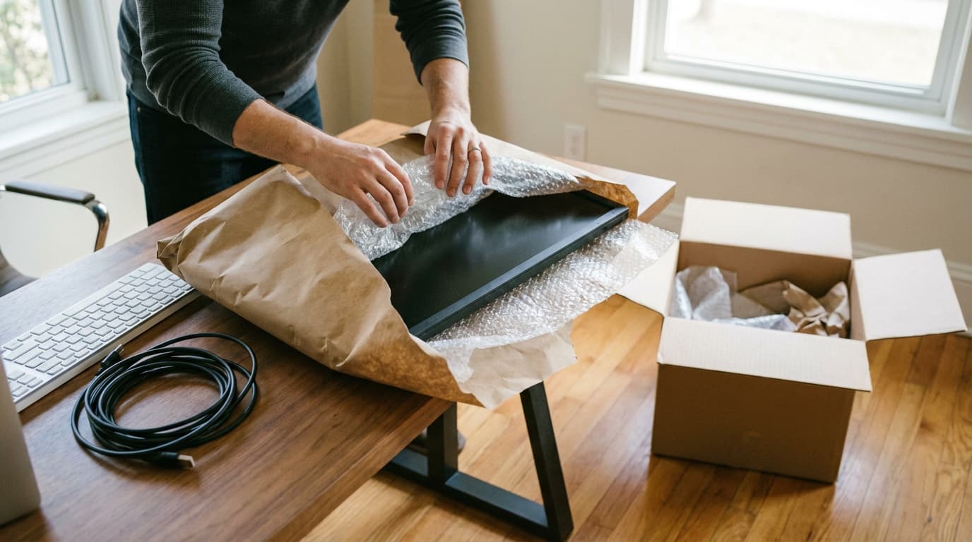 Professional packer carefully wrapping a computer monitor in protective material at a home office desk in Los Angeles