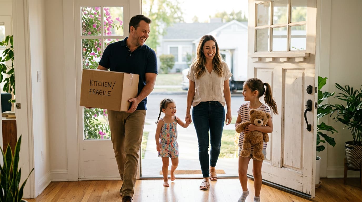 Family with two young children carrying boxes into their new Los Angeles home on a sunny moving day