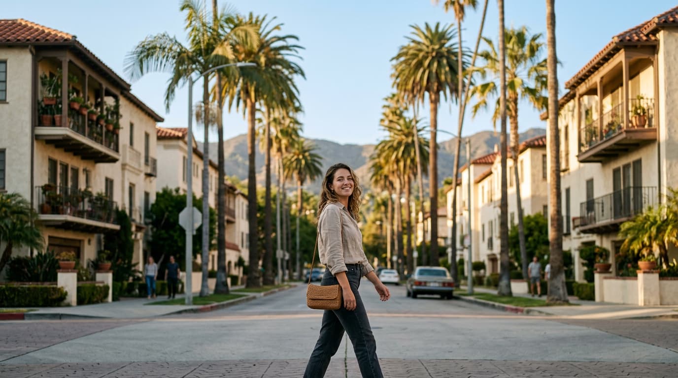 Residential street in West Hollywood California with palm trees and apartment buildings against a clear blue sky