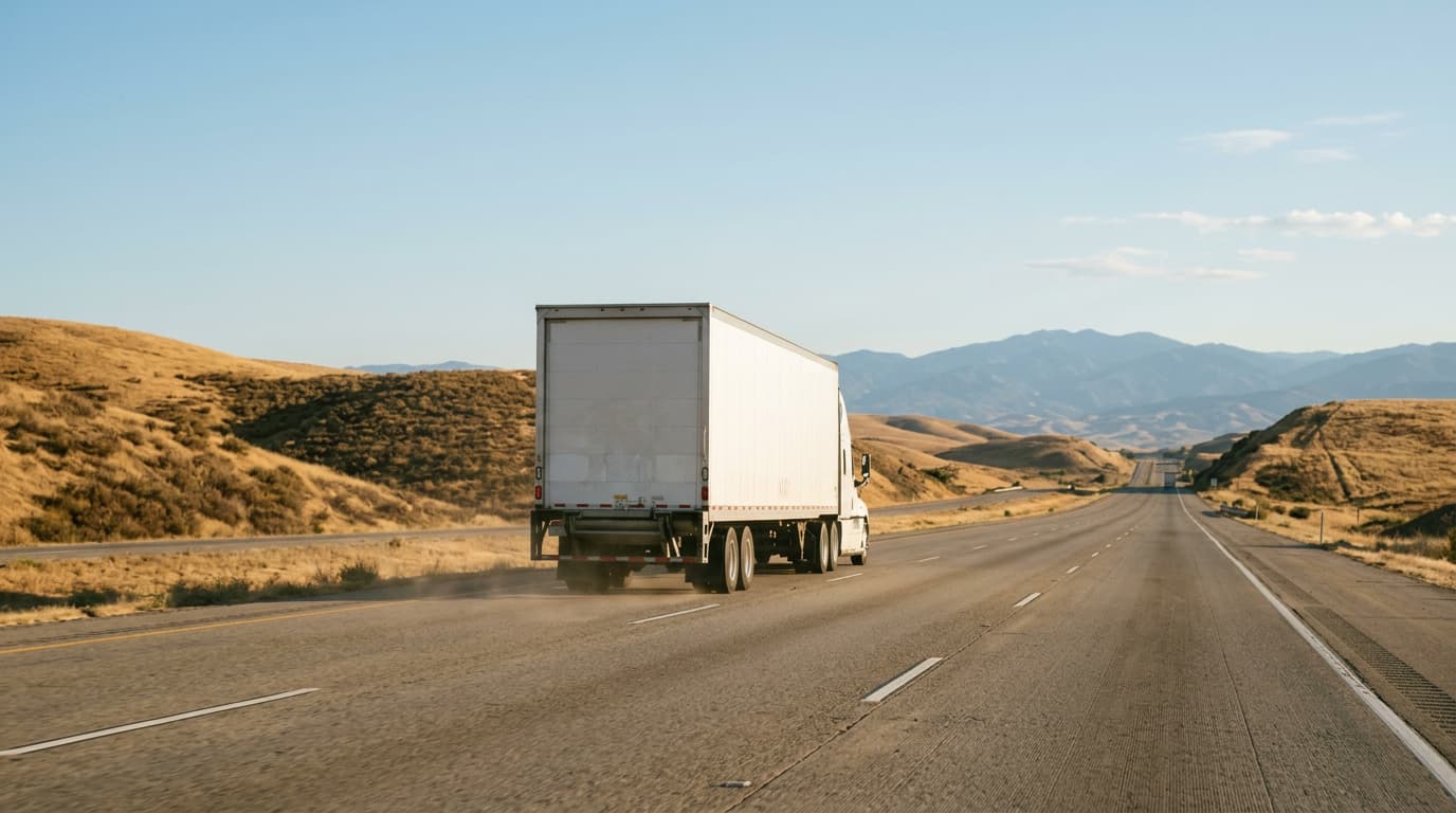 Green Moving long distance truck driving on a California highway with mountains and blue sky in the background