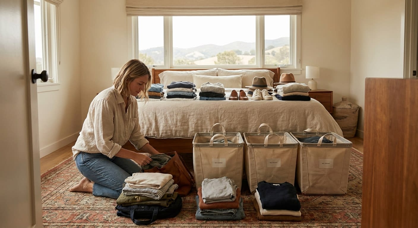 Woman in casual clothes sorting through closet items into keep donate and sell piles in a well-lit bedroom, clothing and accessories organized on bed, natural window light, Southern California home se