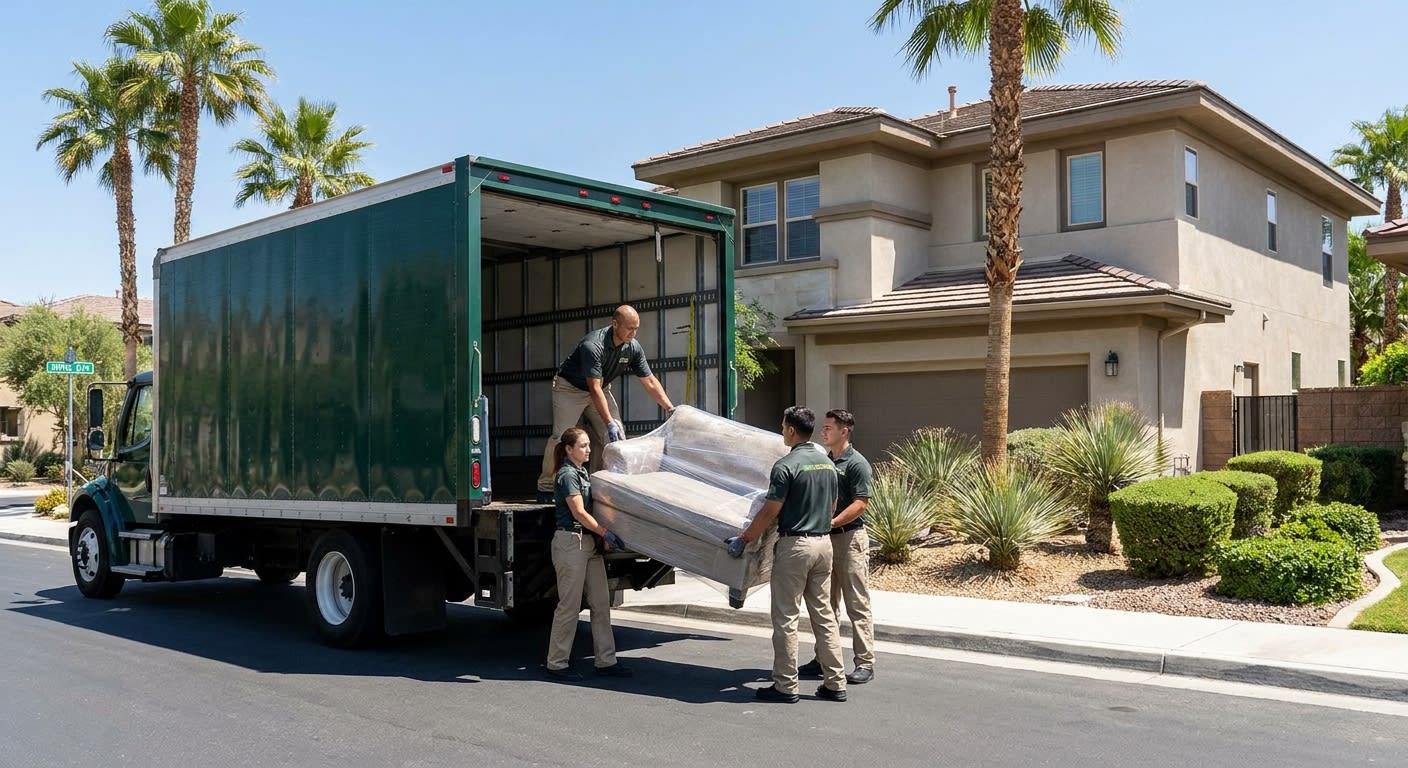 Professional moving crew loading furniture into a green moving truck outside a modern Irvine California master-planned community home, palm trees and manicured landscaping visible, sunny day, workers 