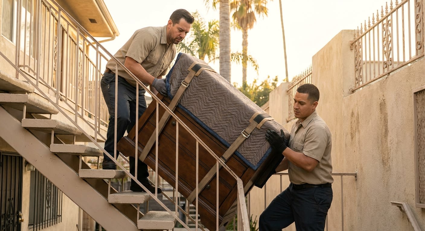 Two professional movers in matching uniforms carefully carrying a heavy dark wood dresser up a narrow exterior staircase of a 1960s Los Angeles dingbat apartment building, palm trees and stucco walls 
